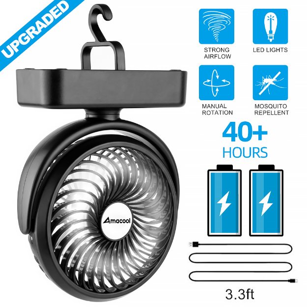 Yikubee Camping Fan LED Lantern Rechargeble 5000mAh Battery Operated Fan for Desk Office. Quiet and Powerful USB Portable Fan For Camping Home 