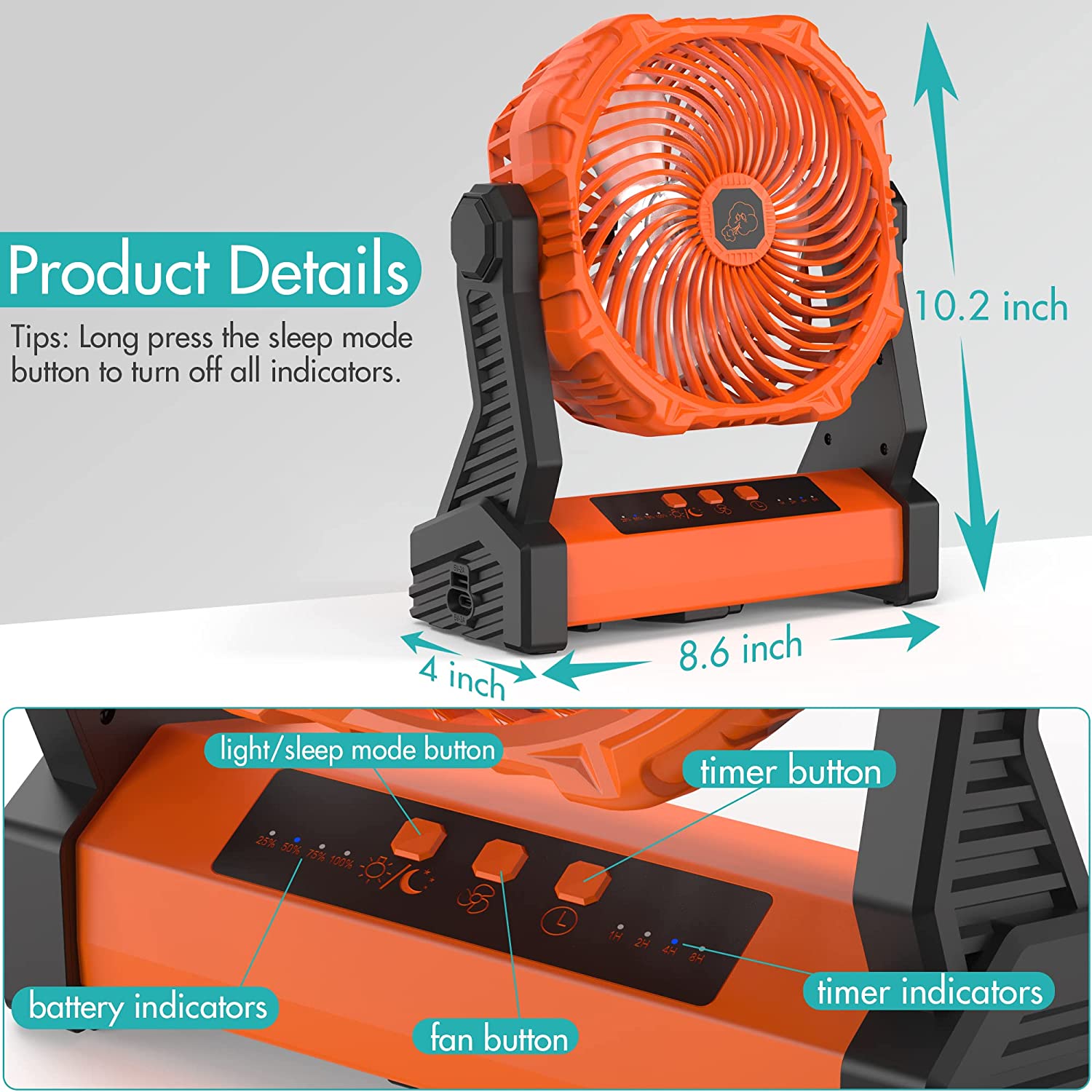 10000mah 7 inch Battery Operated Camping Fan, Portable Fan with LED ...