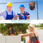 Portable camping fan hanging inside a tent with bright LED lantern light