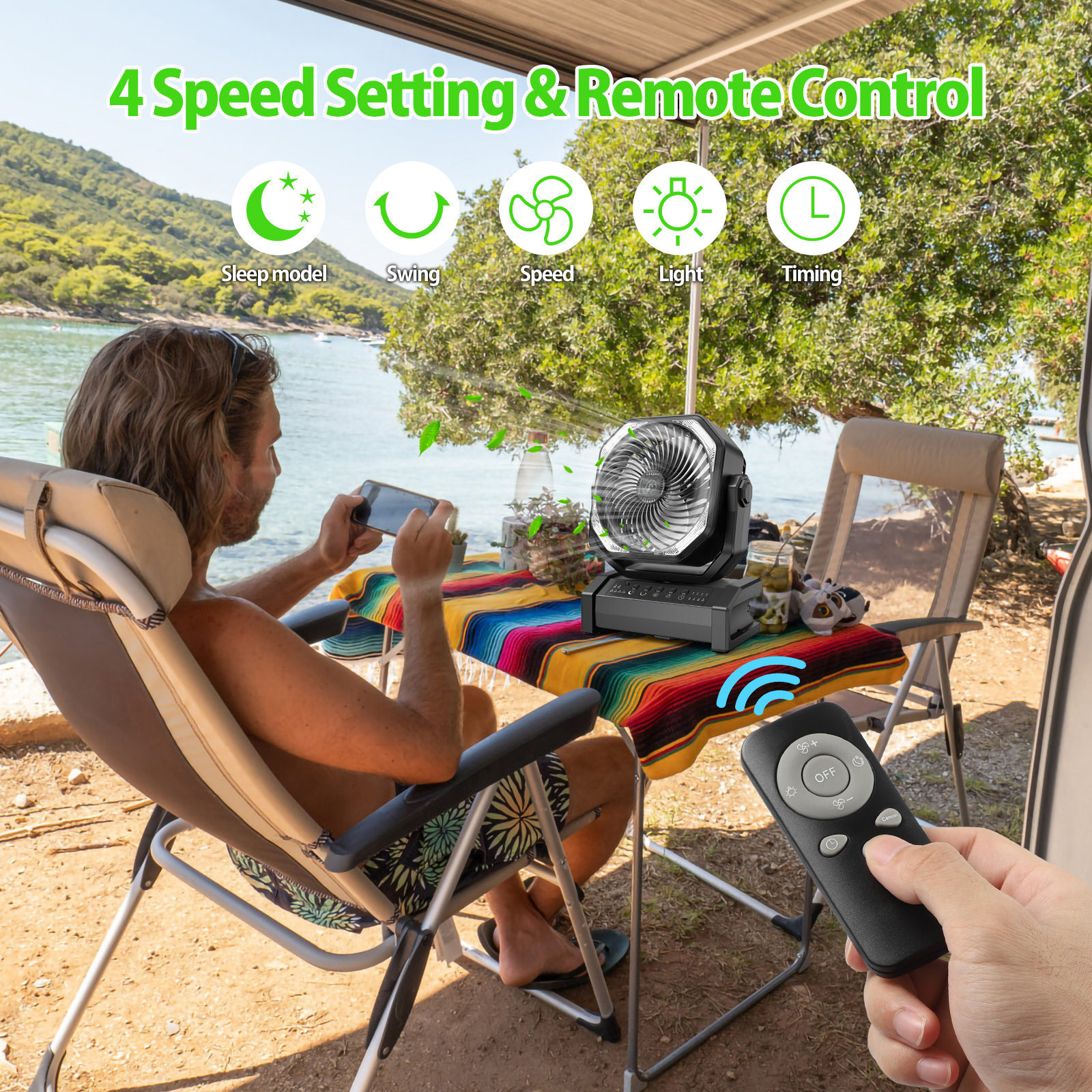 20000mAh 8 inch Auto-Oscillating Camping Fan with Led Light - Amacool