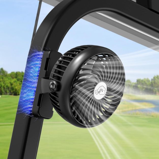 AMACOOL magnetic golf cart fan with rechargeable 5000mAh battery mounted on golf cart